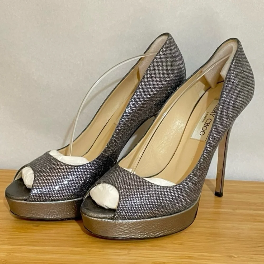 Jimmy Choo Dhalia stilleto pumps 120mm 3/4” platform Silver grey glitter EU38.5 - Picture 8 of 10